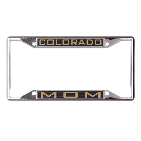 Chrome license plate frame with black inserts displaying “COLORADO” on top and “MOM” on bottom in gold lettering.